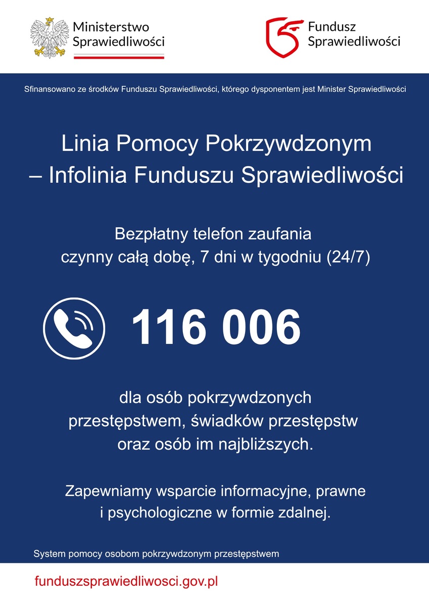 plakat przedstawiający numer telefonu oraz najważniejsze informacje dotyczące linii pomocy pokrzywdzonym