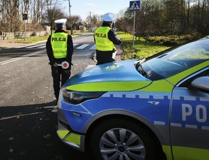 umundurowani policjanci stojący obok radiowozu przy drodze